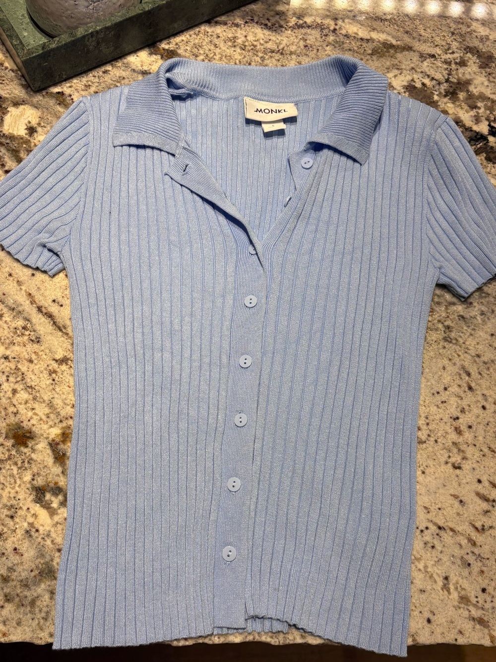 Monki Pale Blue Ribbed Button Polo Top